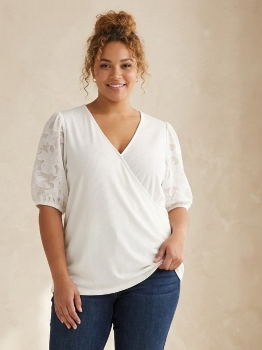 torrid Cream Lace Puff Sleeve Wrap Top Size 3